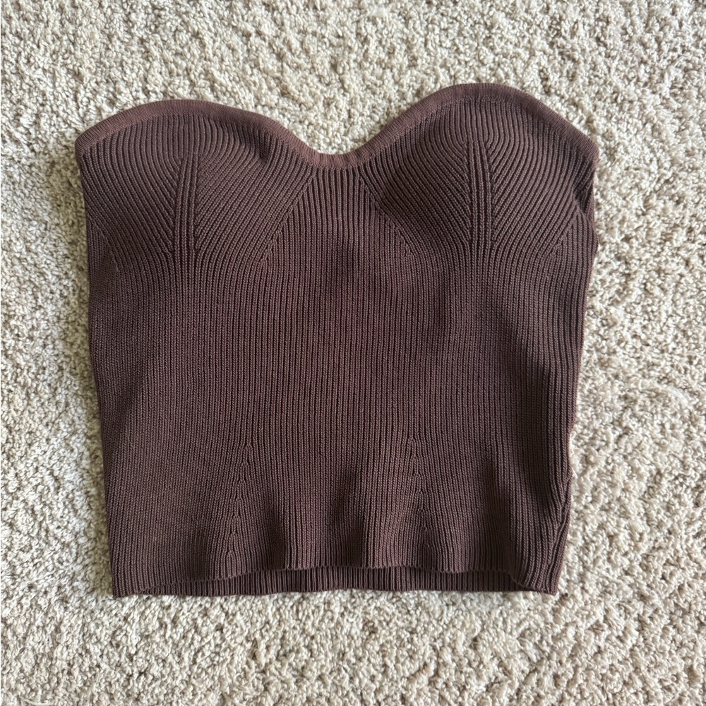 Strapless Ribbed Knit Top - Brown